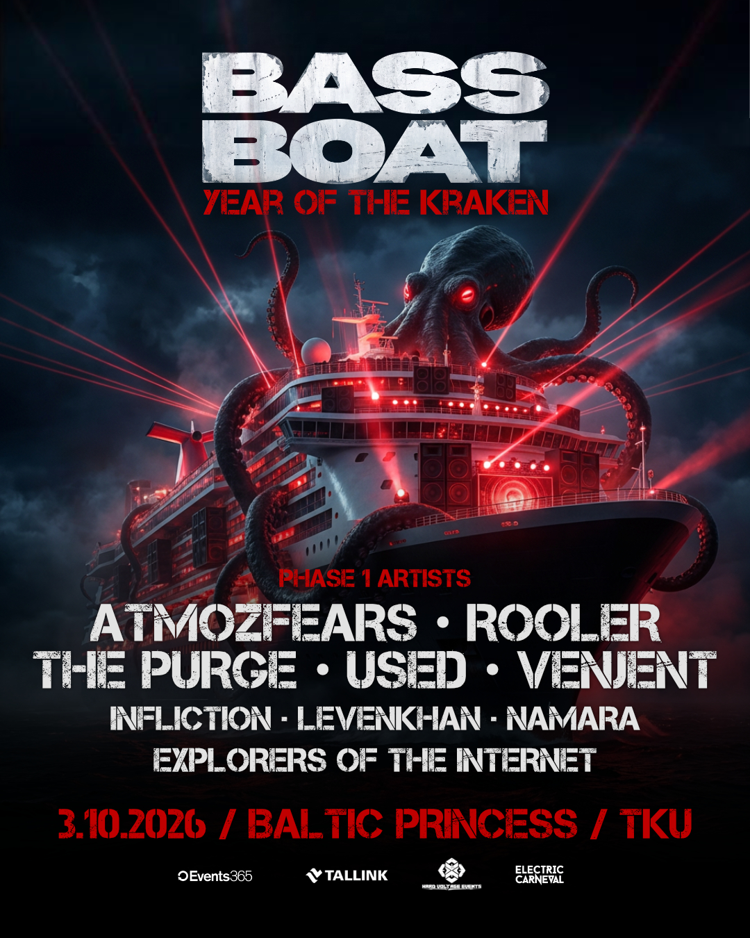 Bass Boat 2026 Phase 1 Artists — Atmozfears, Rooler, The Purge, Used, Venjent, Infliction, Levenkhan, Namara, Explorers of the Internet